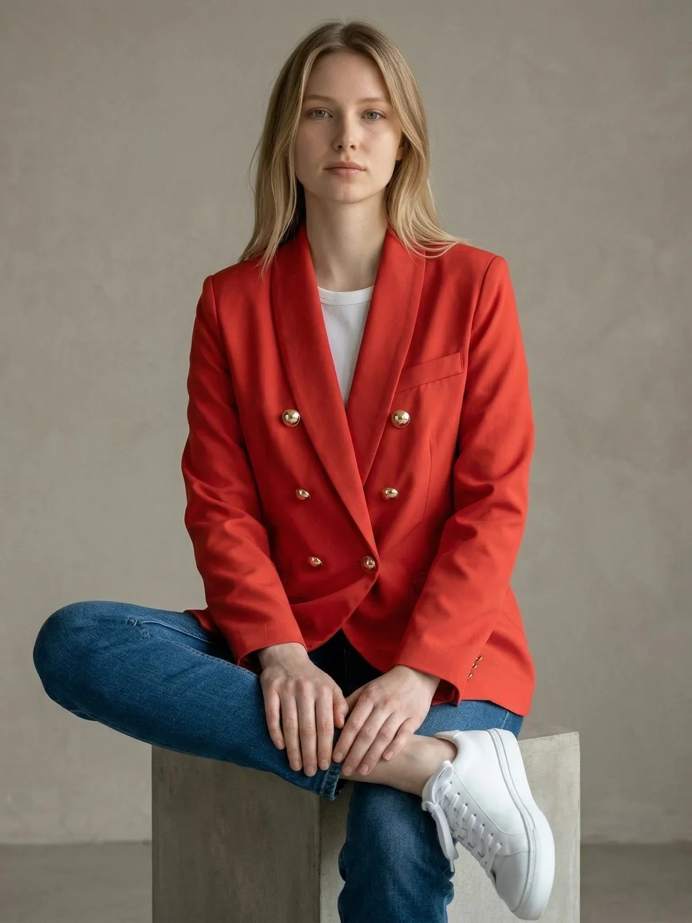 Tailored Double-Breasted Orange Blazer with Gold Buttons